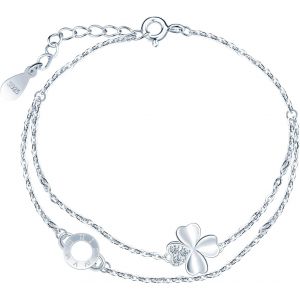 Kalsw-Bracelets Tr&egrave;fle Zircons El&eacute;gant Femmes Filles En Argent 925 Bracelet Cr&eacute;atif Avec Double Cha&icirc;ne D'ancre R&eacute;glable Bijoux Fantaisie - Neuf