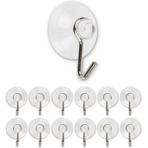 12 x Crochets &agrave; ventouses, Diam&egrave;tre &Oslash; 40 mm, Transparents, Avec crochet m&eacute;tallique pour salle de bain, cuisine, carrelage mural, verre, miroir, Usage universel, Sans per&ccedil;age ni collage, 12 x Ventouse - Neuf