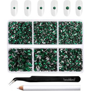Kal-Ss6-Ss20 Lot De 4300 Strass Ronds À Dos Plat Pour Bricolage Avec Pince À Épiler Et Stylo À Cire Vert Émeraude 6 Tailles - Neuf