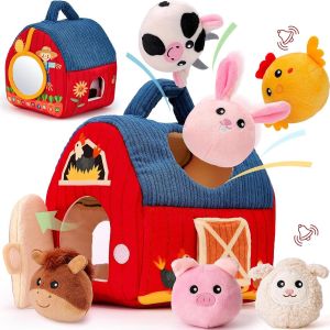 TDRFL-Jouet Bebe 6 Mois Animaux De La Ferme En Peluche,Jeux Montessori Avec Grange,Hochets,Miroirs Jouet Sensoriel Bebe 0-6 Mois,Cadeau Bebe Enfant 3 6 9 Mois Garçon Fille - Neuf