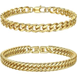 2 Pcs Bracelet Homme Acier, Bracelet Homme Argent Or, Gourmette Homme Longueur 23 Cm, Bracelet Homme Acier Inoxydable, Largeur 7,5/8 Mm Bracelets Pour Homme - Neuf