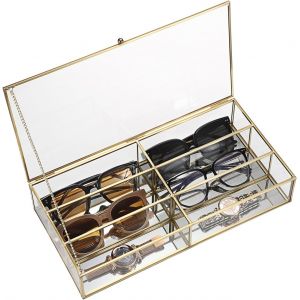 Kathlelxh-Boîte De Rangement À 6 Emplacements Pour Lunettes De Soleil Avec Couvercle Doré En Verre Avec Verrou Pour Lunettes De Soleil Pour Homme Et Femme, 34 X 17 X 6,5 Cm, Doré, M[H1449] - Neuf