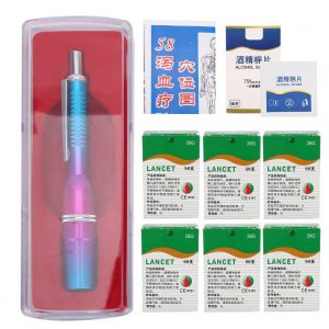 Stylo Lance-Sang A Trois Tetes En Alliage D'aluminium, Appareil De Massage Par Ventouses Pour Analyses Sanguines (Stylo Lance-Sang A Trois Tetes Degrade Violet-Bleu, 300 Aiguilles, Tampon D'alcool, Carte Des Points D'acupuncture (E)) - Neuf