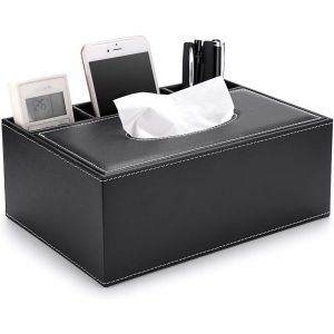 Boîte à mouchoirs rectangulaire en similicuir avec télécommande ¿ Élégante et stylée ¿ Boîte à mouchoirs pour la maison et le bureau ¿ Noir - Neuf