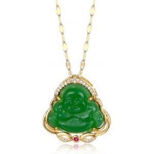 Kal-Collier Bouddha, Colliers À Pendentif Bouddha Rieur Chanceux Collier Bouddha En Jade Vert/Blanc Avec Chaîne Plaquée Or 18 Carats Bijoux Pour Femmes Hommes - Neuf
