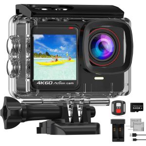 MEVRONISSHOP-Cam&eacute;ra Sport 4K 60FPS avec MicroSD 64Go,8X Zoom 131ft Cam&eacute;ras &Eacute;tanche Double &Eacute;crans, 24MP Cam&eacute;ra d'action EIS, Cam&eacute;ra sous-Marine T&eacute;l&eacute;command&eacute;es Batterie 2 x 1350 mAh Divers Accessoires - Neuf