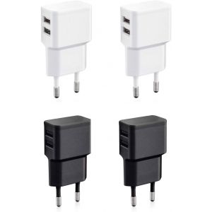 4X Double Chargeur Usb 12W / 2400Ma Pro Series Alimentation Universelle Adaptée Pour Téléphone Portable, Batterie Externe Et Enceinte Bluetooth (90°, Double Sortie Usb) Noir/Blanc - Neuf