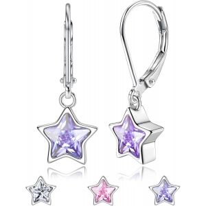 Kalhx-Boucles D'oreilles Pendantes En Argent 925 Pour Femmes Enfant Filles Hypoallergénique Boucles D'oreilles Créoles Avec Étoile Zircone Cubique Pendentif Boucles D'oreilles Violet Blanc Rose - Neuf