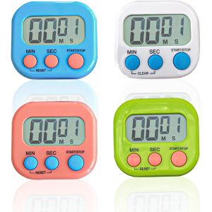 Eryi-Lot De 4 Chronomètres Magnétiques : 4 Couleurs Minuteur De Cuisine Numérique Avec Horloge Avec Grand Écran Lcd Muet Pour Cuisines, Bureaux, Sports (Piles Non Incluses) - Neuf