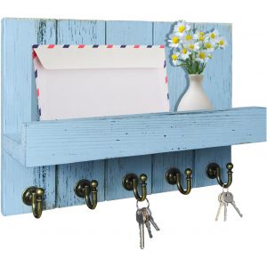 Cauc-Porte Clef Mural, Porte-Cl&eacute;s Mural En Bois, Avec 5 Crochets &Agrave; Cl&eacute;s, Pour Salon, Salle De Bain, Cuisine, Les Entr&eacute;es, Couloirs (Vieux Bleu) - Neuf