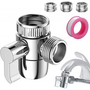 Valve Inverseur de Douche 3 Voies avec Adaptateur de Robinet M22-M24, M22-G1/2, 3 Voies Soupape Vanne D&eacute;rivation Douche pour Salle de Bain, Cuisine(Robinet pas Inclu), Chrom&eacute; - Neuf