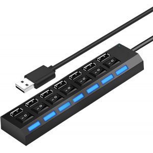 TTA-Hub USB 2.0 Alimenté à 7 Ports, Multiport Chargeur avec Interrupteur Indépendant et Indicateur LED, Adaptateur Multiport USB pour PC, Souris, Clavier, Ordinateur Portable, Disque Dur, Imprimante - Neuf