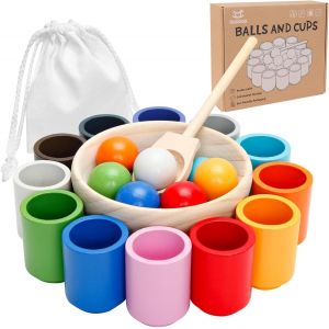 ChenQuanSarl-Montessori Jouet À Partir De 3 Ans, 12 Boules De 30 Mm, Boules En Bois Arc-En-Ciel Dans Des Tasses, Jouet Pour Bébé À Partir De 2, 3, 4, 5 Ans - Neuf