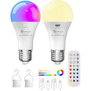 Tianyi-Ampoule Rechargeable E27 Avec Telecommande,Ampoule Sans Electricite Led Rgb Couleur Changement,Dimmable Sans Fil Avec Fonction De Minuterie, Paquet De 2 - Neuf