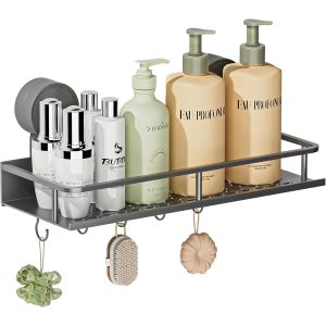 &Eacute;tag&egrave;re de Douche Ventouse sans Percage,Rangement Douch avec Crochets pour Nettoyant pour Corps de Shampoing,Accessoire Salle de Bain Antirouille,Gris - Neuf