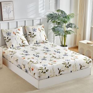 Ulteronixshop-Drap Housse 160x200 Cm 2 Personnes, 35cm Grand Bonnet, Avec 2 Taie D'oreiller 65x65 - Drap Housse Microfibre Doux &Agrave; Motifs Les Feuilles D'automne, Beige - Neuf