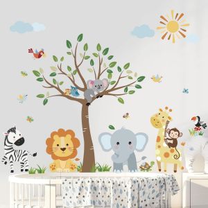 ERYI-Stickers Muraux Animaux Forêt Arbre Autocollant Mural Jungle Éléphant Singe Girafe Lion Décoration Murale Chambre Enfants Bébé Pépinière Salon - Neuf