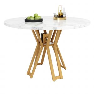 Table ronde (100 x 100 x 76 cm), id&eacute;ale pour 4 &agrave; 6 personnes, Pieds dor&eacute;s, plateau en MDF effet marbre - Neuf