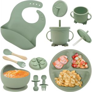 Kal-Assiette Bebe, 8 Pi&egrave;ces, Vaisselle Bebe Silicone, Assiette Ventouse Pour B&eacute;b&eacute;, Bol Cuillere Bavoir Bebe, Set Repas B&eacute;b&eacute;,Sans Bpa, Couverts Enfant Pour Lave-Vaisselle Et Micro-Ondes, Vert - Neuf