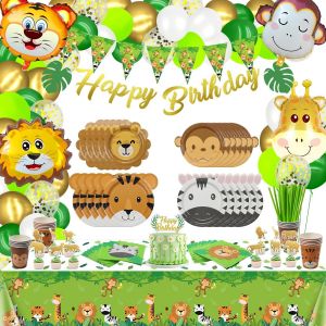 Chicslick-Décorations Pour La Fête D'anniversaire Jungle Safari, Assiettes En Papier, Housse De Table Safari, Ballons Animaux, Bannière, Fournitures Pour La Fête Des Animaux Pour L'anniversa[X2041] - Neuf