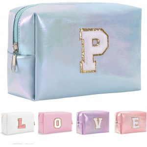 MAA-Organisateur de Trousse de Maquillage en Cuir PU 26 Lettres Laser Pochette cosmétique Grande capacité Trousse de Toilette de Voyage Femmes Filles Cadeaux d'anniversaire Sac de Rangement - Neuf