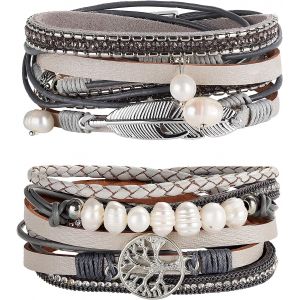Kalsw-2 Pcs Boho Bracelet Manchette Femme Fille Cuir Boh&egrave;me Multicouche Arbre De Vie Bracelets Zen Femme Boucle Magn&eacute;tique Bracelet Bijoux Pour M&egrave;re Amis Bracelet Fermoir Magn&eacute;tique - Neuf