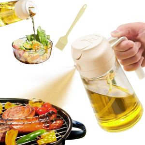 Bhhbb-470ml/16,5oz Spray Huile Cuisine, Pulvérisateur D'huile 2 En 1, Bouteille De Distributeur D'huile D'olive Avec Pinceau En Silicone Pour La Cuisine, Salade, Friture, Barbecue (Beige) - Neuf