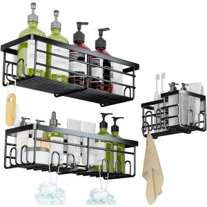 Bhhbb-Étagère De Douche Sans Perçage - Lot De 3 Étagères De Douche Noires - En Acier Inoxydable - Avec Porte-Brosse À Dents - Grande Étagère De Salle De Bain - Support Pour Shampooing - Neuf
