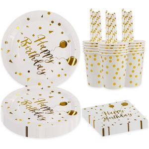 Lot De 80 Pièces De Vaisselle De Fête D'anniversaire En Or Blanc-Fournitures De Vaisselle,Assiettes,Serviettes,Tasses,Pailles Pour Anniversaire D'enfant Garçon Et Fille (Or Blanc) - Neuf