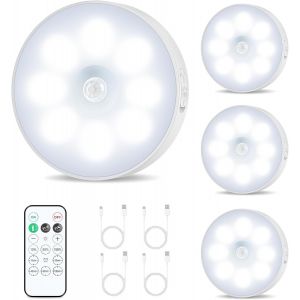 Lot De 4 Palets Lumineux Rechargeables Avec Télécommande, Détecteur De Mouvement, Lumières Led Magnétiques Sans Fil À Intensité Variable, Veilleuse À Coller Pour Armoire, Comptoir, Cuisine, Couloir, - Neuf