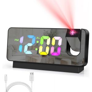 Reveil Projecteur Plafond, Rotation à 180° Reveil Numerique, 7.8inch Miroir Réveils USB avec température, Rechargeable Affichage du Calendrier de la Date, Horloge de Table pour Le Bureau de la Chambre - Neuf