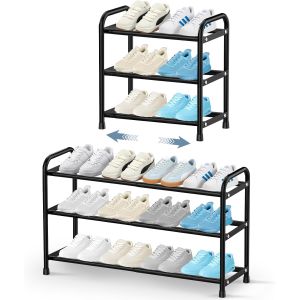 Jexnovashop-Tag&egrave;re &Agrave; Chaussures 3 Niveaux, Extensible Rangement Chaussure M&eacute;tal R&eacute;glable De 43 &Agrave; 78cm, Porte Chaussures Pour 6-12 Paires, Range Chaussure Robuste, Shoe Rack Pour Entr&eacute;e, Placard, (Noi - Neuf