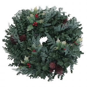 Couronne artificielle HWC-O98, couronne de porte, couronne de table, d&eacute;coration artificielle &Oslash; 45 cmverte avec des baies rouges - Neuf