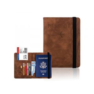 Portefeuille porte-passeport anti-RFID en cuir PU marron avec emplacements pour cartes et billets - Neuf