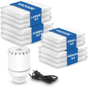 MEVRONISSHOP-sac sous vide vetement aspirateur avec pompe &eacute;lectrique, 12 sacs sous vide (3J, 3L, 3M, 3S), sac de rangement sous vide pour V&ecirc;tements Conviennent au Stockage des Matelas, Couettes, Lite - Neuf