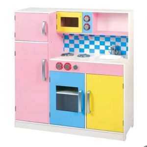 Cuisine enfant GINGER HOME &iquest; Cuisine en bois color&eacute;e 90x30x90 cm avec accessoires, four, &eacute;vier et micro-ondes - Neuf