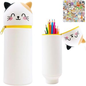 MAA-Trousse Ecole 2 en 1 en Silicone Souple Scolaire Fille Garcons, Unisexe Trousse Papeterie Enfant avec Fermeture Eclair Pochette Trousse à Crayons Autocollants Anniversaire Cadeaux (Chat) - Neuf