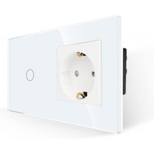 Prise avec interrupteur blanc,interrupteur tactile en verre avec prise Schuko encastr&eacute;,interrupteur mural &agrave; 1 compartiment,1 p&ocirc;le avec LED d'&eacute;tat,500 W/compartiment - Neuf