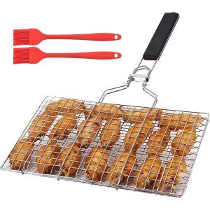 Ulteronixshop-Panier Barbecue avec Poign&eacute;e Amovible & 2 Brosses Silicone, Grille Poisson Pliable Acier Inoxydable, Accessoires Griller Portable pour Steak, Crevettes, L&eacute;gumes, Viande (32 x 21.5cm) - Neuf