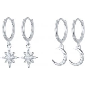 Kalanka-2 Paires Boucles D'oreilles Argent 925 Femme Hypoallerg&eacute;nique Creoles Avec Pendentif Lune &Eacute;toile Boucles D'oreilles Cr&eacute;oles Argent Pendantes &Eacute;toiles Asym&eacute;triques Pour Femme - Neuf