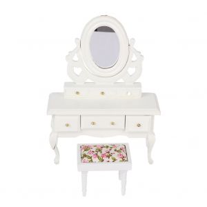 Meubles miniatures pour maison de poupee a l'echelle 1/12, modele de scene, jolie coiffeuse, tabouret et miroir (blanc) - Neuf