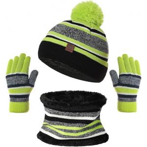 (Vert)3-En-1 Bonnet Écharpe Gants Ensemble Pour Les Enfants L'hiver Épaissir En Tricot Polaire Pompom Chapeaux Avec Cache-Cou Écharpe Gants Pour Les Filles, Les Garçons De L'âge De 3 À 8 Ans - Neuf