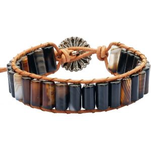 Kal-R&eacute;glable Boh&ecirc;me Bracelet En Pierre Pour Femme Et Homme, &Eacute;nergie Chakra Perle Cylindre Pierre De Cristal Tiss&eacute; Avec Cordon En Cuir - Neuf