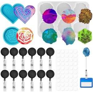 Lot de 8 moules en r&eacute;sine - Pour badge ID - Pour r&eacute;sine &eacute;poxy - Avec 12 porte-badges r&eacute;tractables - Pour porte-badge Name - Neuf