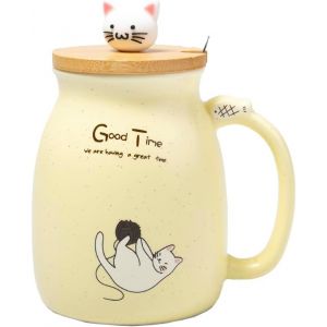Eryi-Tasse Chat Kawaii - Jaune - Contenance : 450 Ml - Avec Couvercle Et Cuillère - Neuf