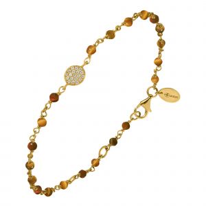 Bracelet Argent Dor&eacute; M&eacute;daillon Serti Blanc Et Pierres ?il De Tigre - Neuf