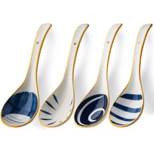 8,6 Pouces Grandes Cuillères À Soupe Asiatiques Cuillère À Soupe Japonaise En Céramique Ensemble De 4 Grandes Cuillères En Porcelaine (Cuillère À Soupe Complète) - Neuf