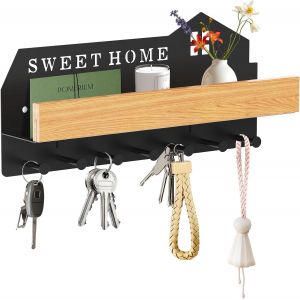 Cmwx-Plaque À Clés Murale Avec Étagère, Porte-Clés Mural Avec Crochet À Clés Et Porte-Manteau Mural Avec Étagère, Porte-Clés Noir, Avec 7 Crochets, Autocollant Ou Perçage - Neuf