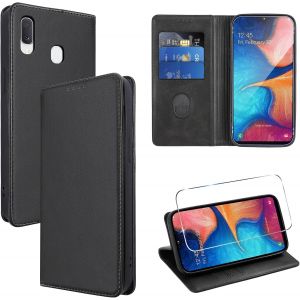 Kal-Coque Cuir Pour Samsung Galaxy A20e 5.8"" Avec 1 Verre Trempé Etui À Rabat En Pu Porte-Cartes Portefeuille Support Flip Housse Magnétique Antichoc Anti-Rayures Case,Noir - Neuf
