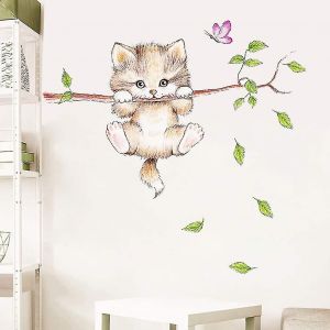 Autocollants Muraux Pour Enfants, Chat Mignon, Animaux, Branche D'arbre De For&ecirc;t, Fleurs, Autocollant Mural Pour Chambre De B&eacute;b&eacute; (30 X 60 Cm) - Neuf